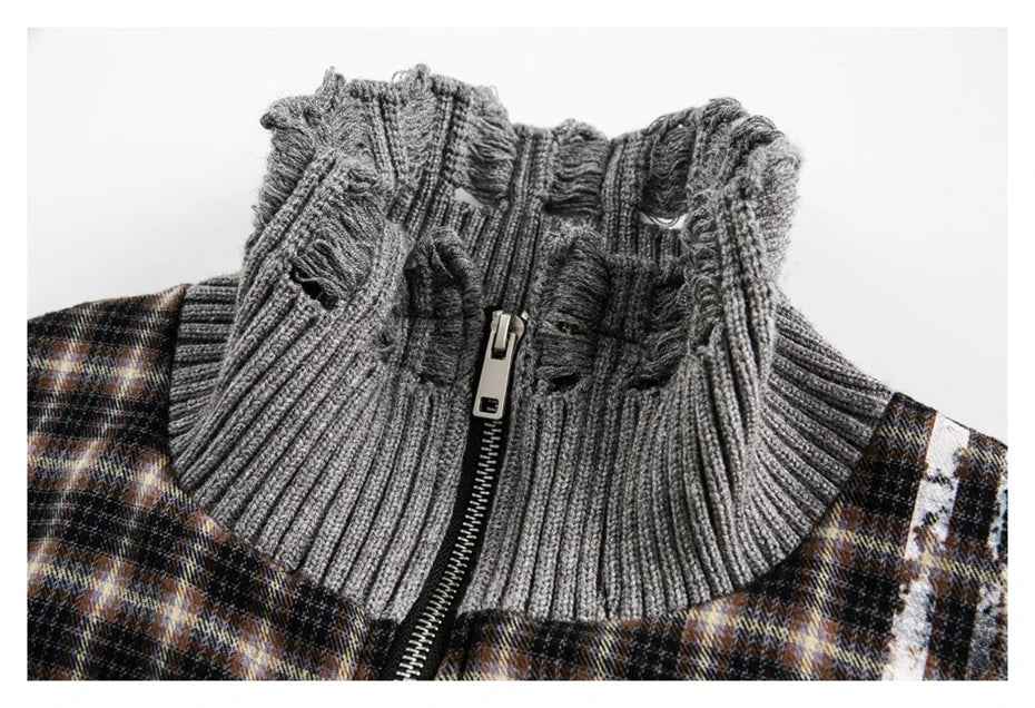 Streetwear Plaid Ripped Hole Unisex Knit Splicing Jacket