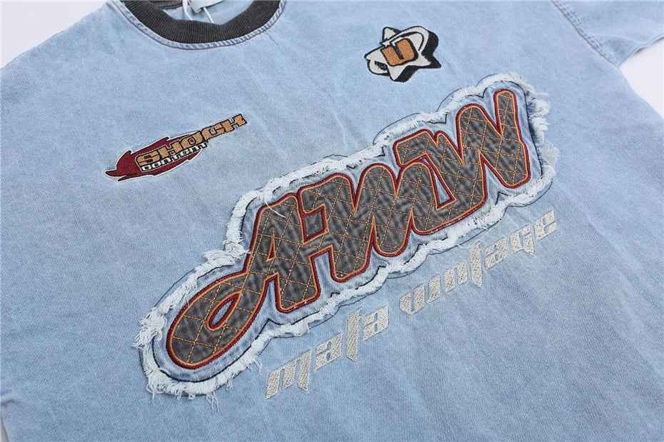 Summer Streetwear Embroidered Patch Denim T-Shirt