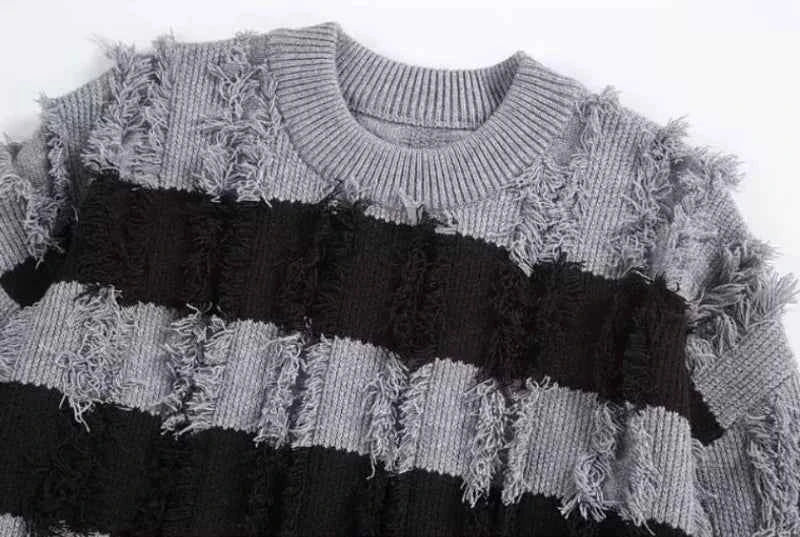 Classic Hairy Striped Round Neck Sweater