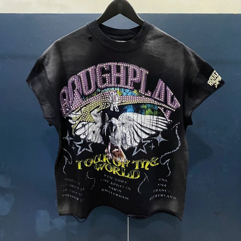 High Quality Heavy Fabric Fashion Loose Casual Rhinestore T-shirts