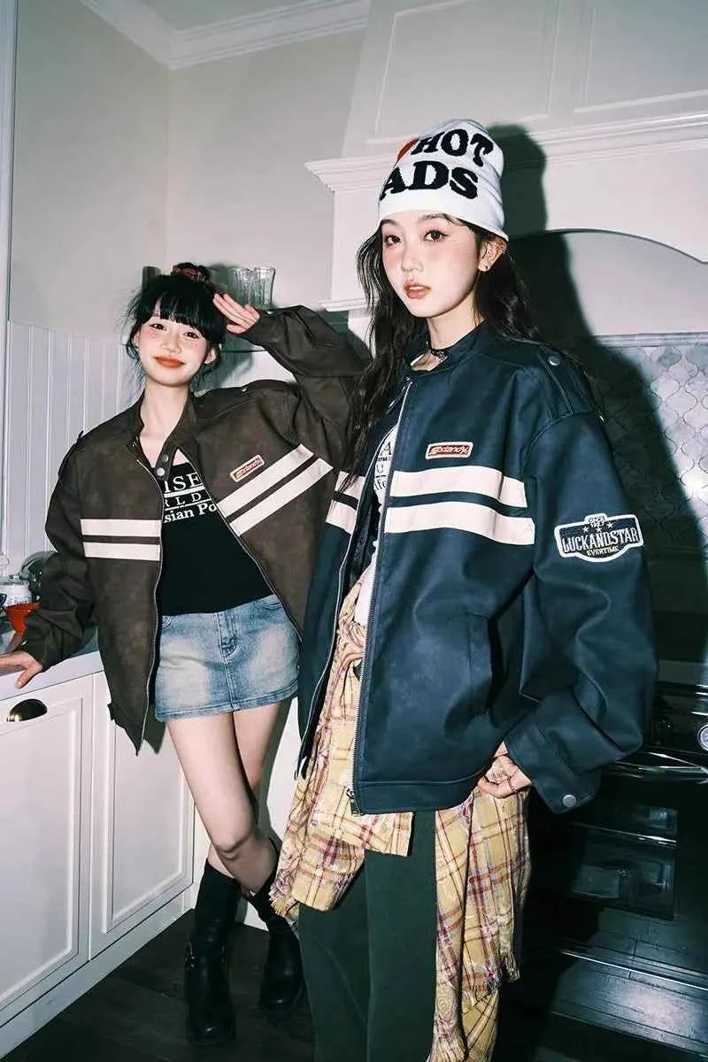 Streetwear Y2K Colorful Retro Striped Leather Jacket