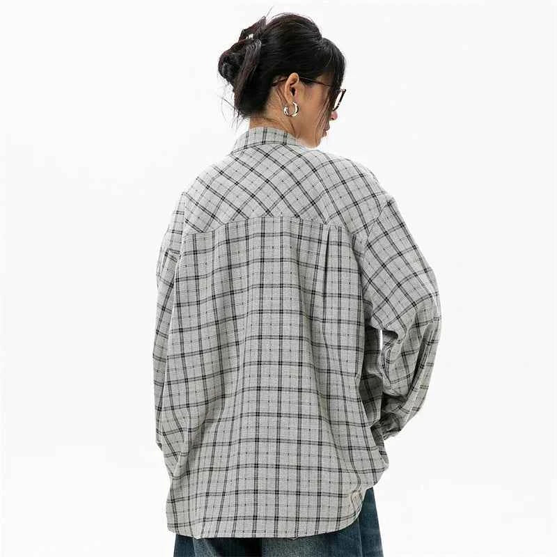 Elegant Gray Cool Plaid Blouse Long Shirt