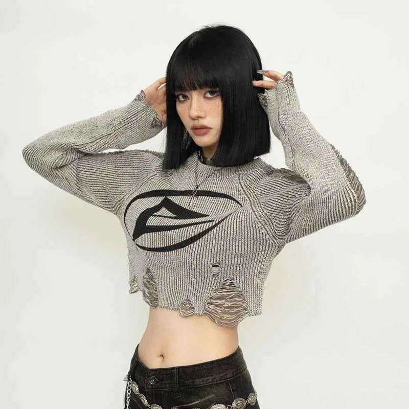 Vintage Distressed Cropped Long Sleeve Sweater