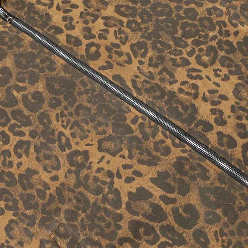 Leopard Zipper Retro Stand-Up Collar Suede Jacket
