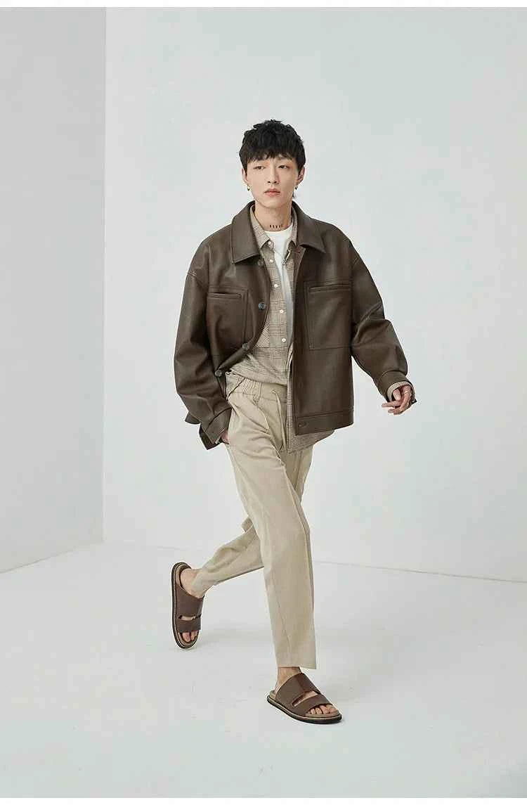 Brown And Black Oversized Faux Leather Jacket