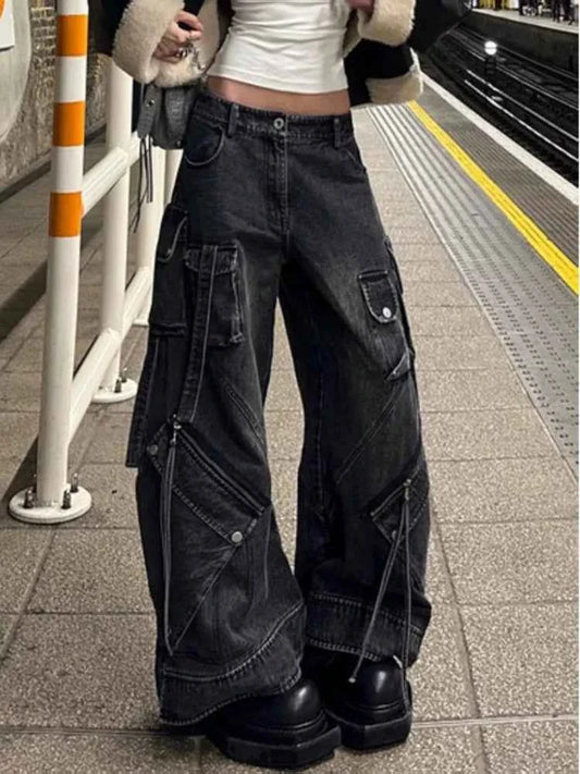 Women Washed Black Baggy Cargo Jeans