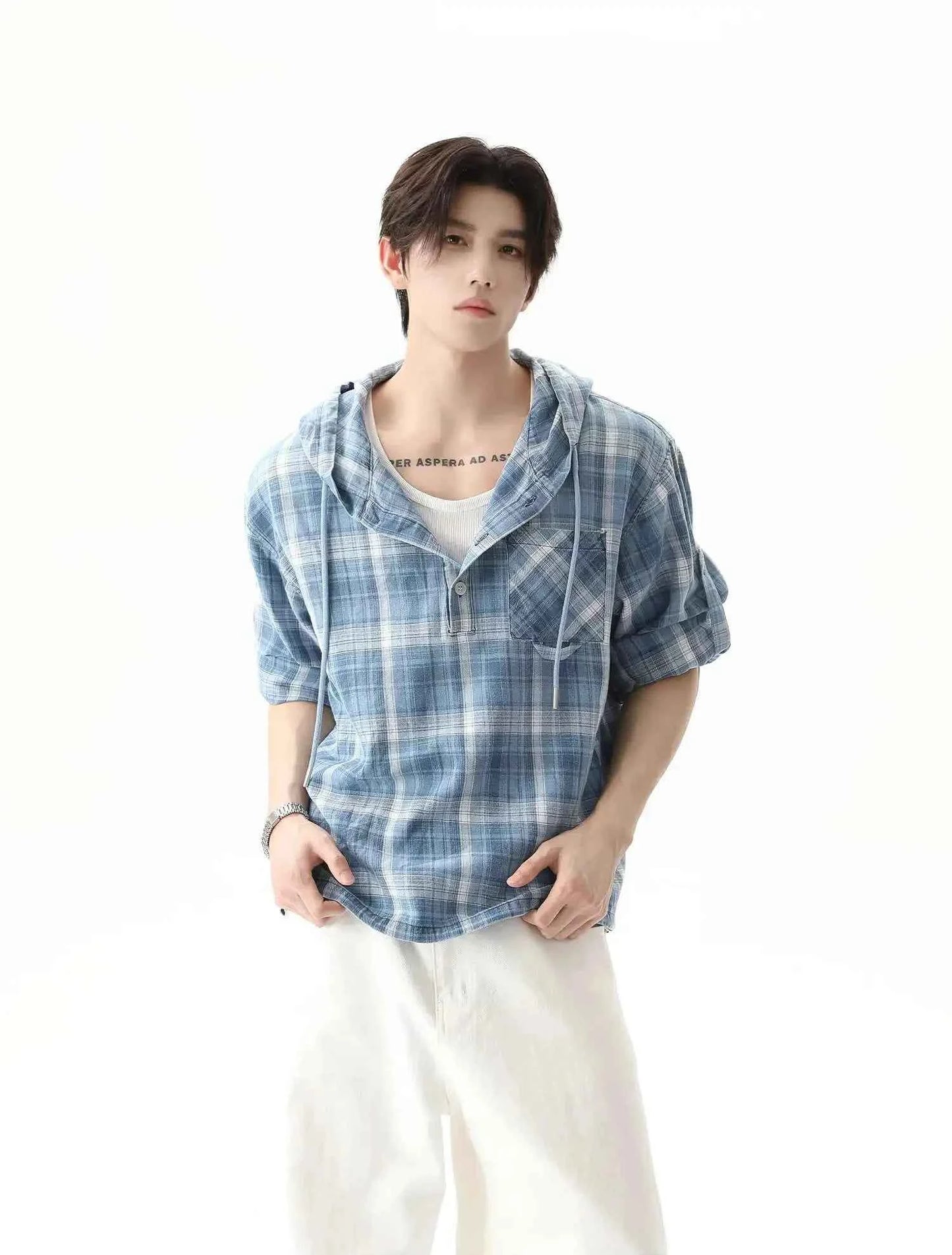 Streetwear Plaid Drawstring Hooded T-Shirt