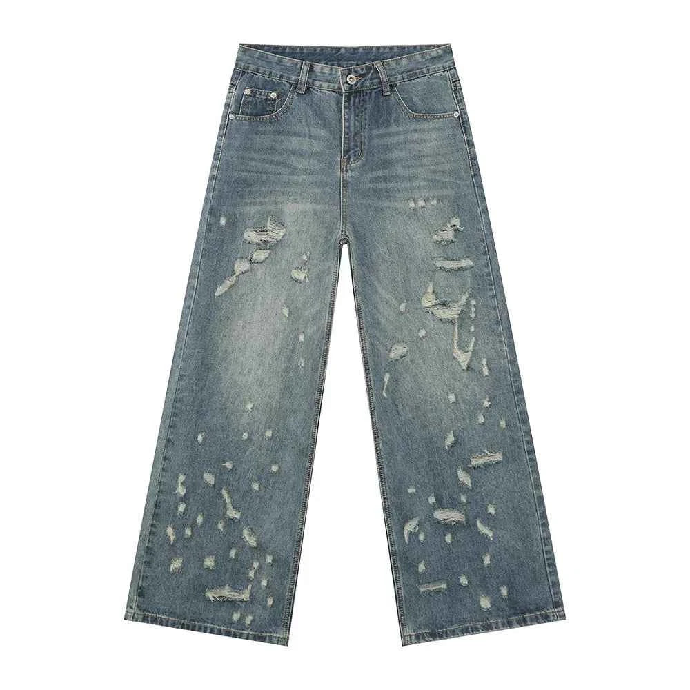 Streetwear Washed Irregular Hole Baggy Jeans