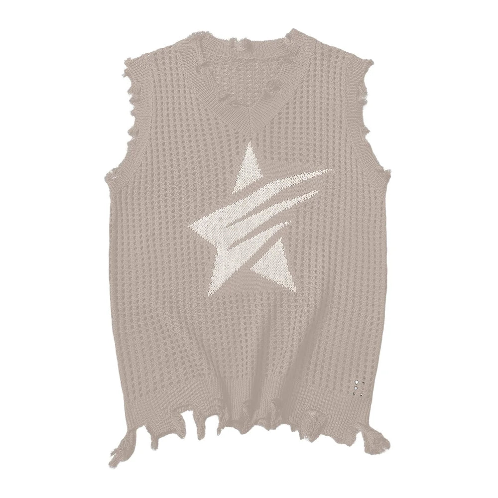 Solid Star Knitted Ripped Vest