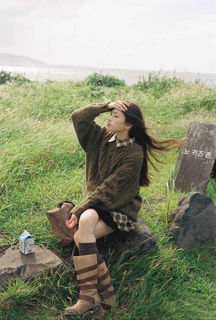 Women Vintage Green Knitwear Casual Sweater