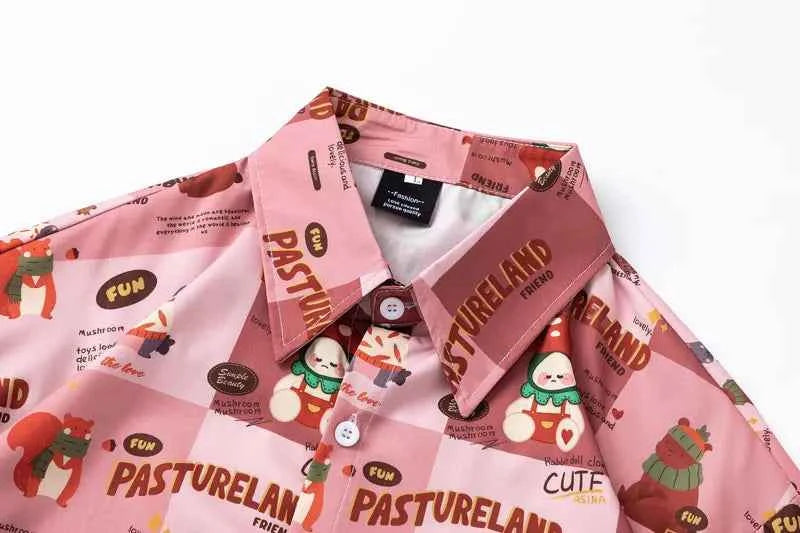 Vibrant Cartoon Graphic Button-Up Beach Shirt
