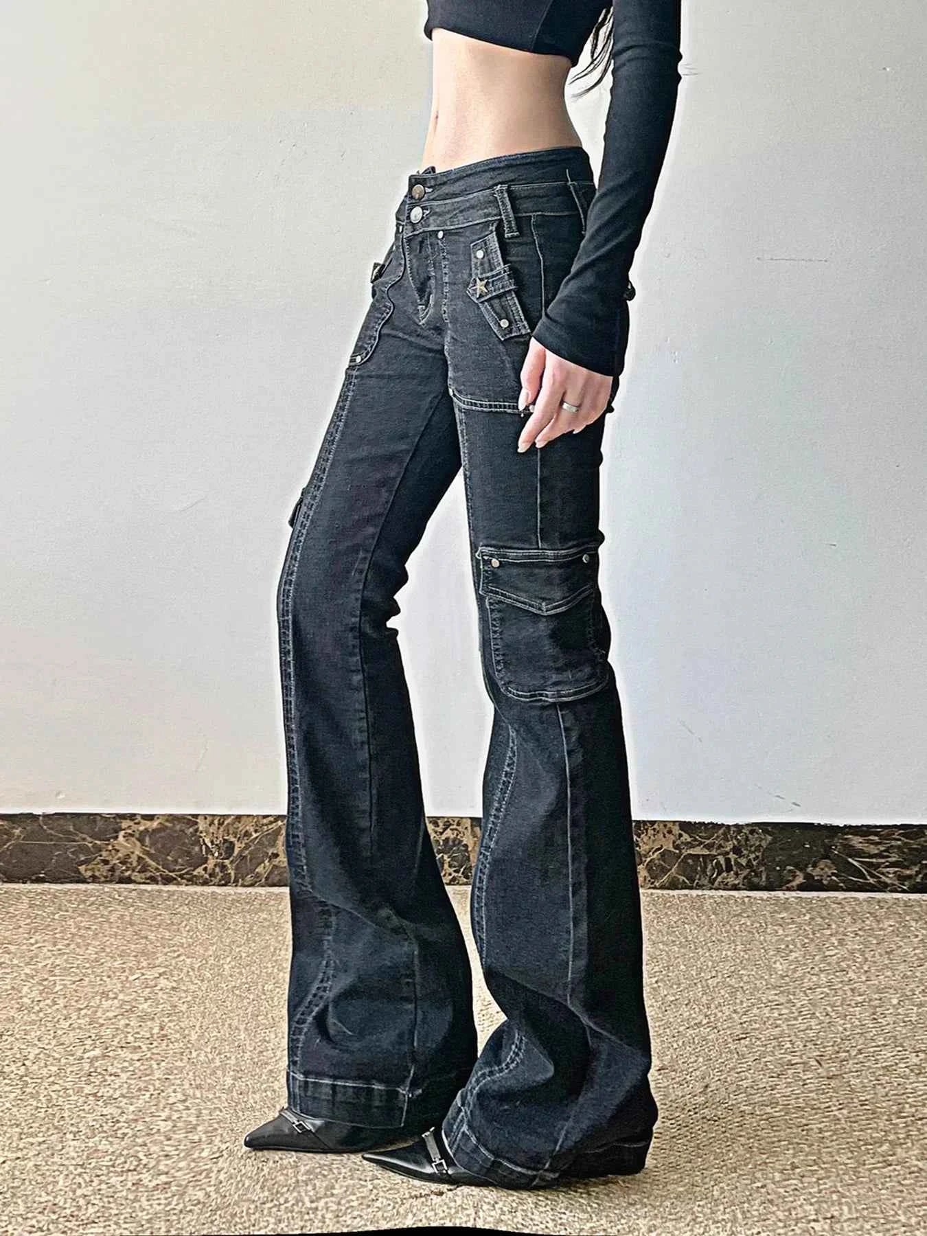 Studded Star Patchwork Denim Cargo Jeans