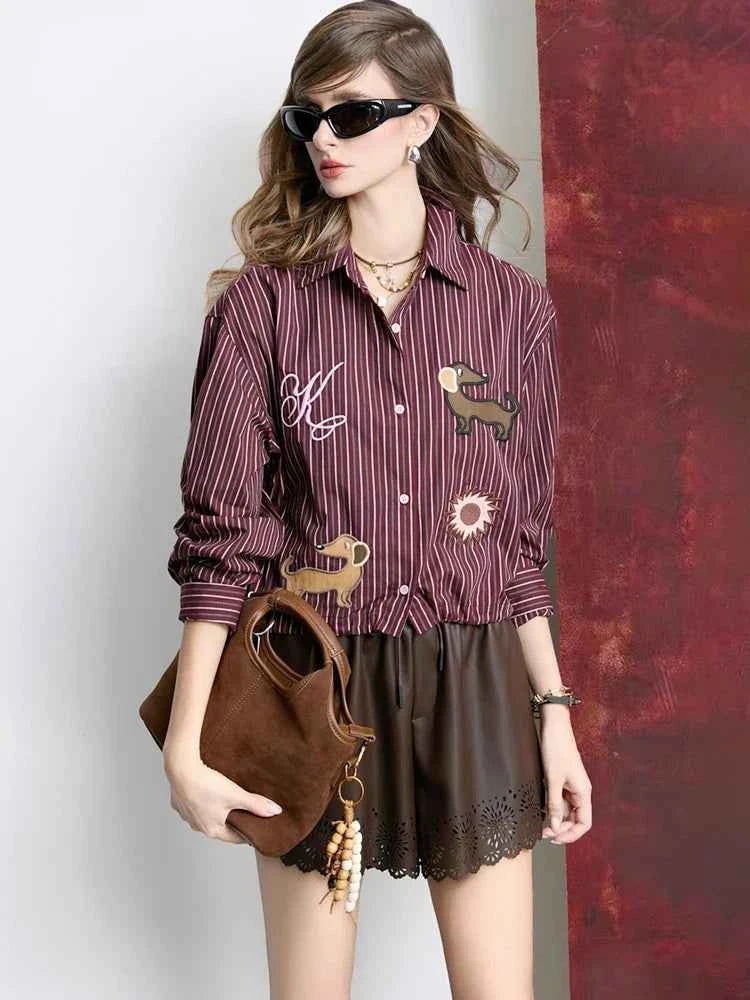 Cute Striped Cartoon Dog Embroidered Shirt