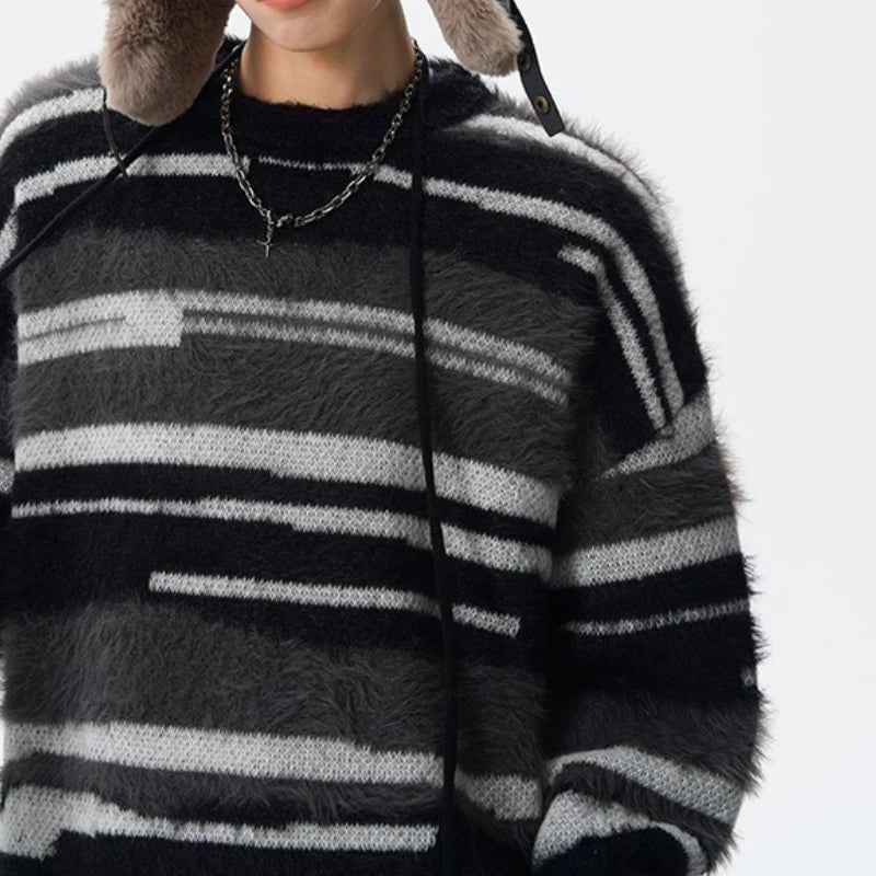 Streetwear Cozy fuzzy Striped Knit Sweater