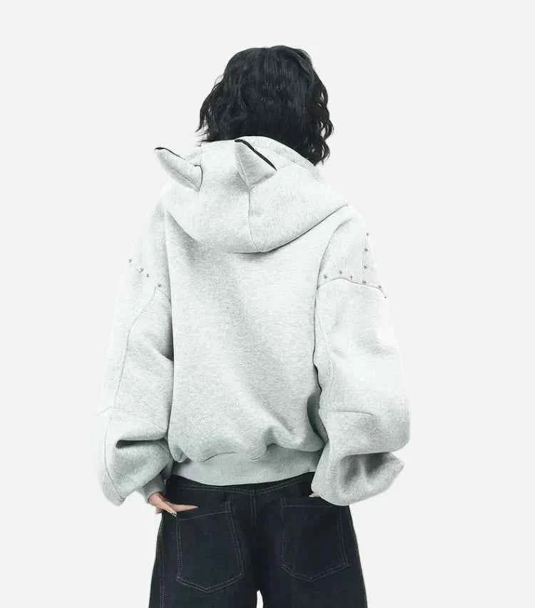 Rivet Patchwork Loose Ears Hooded Gothic Sweatshirt