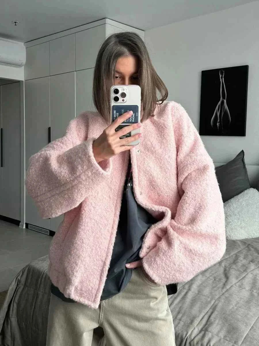 Women Pink Stylish Chic Fur Cardigan