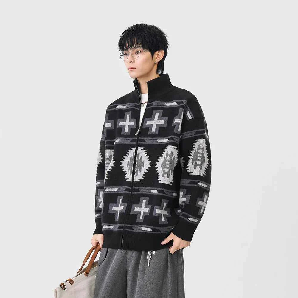 Geometric Pattern Casual Full Zip Cardigan