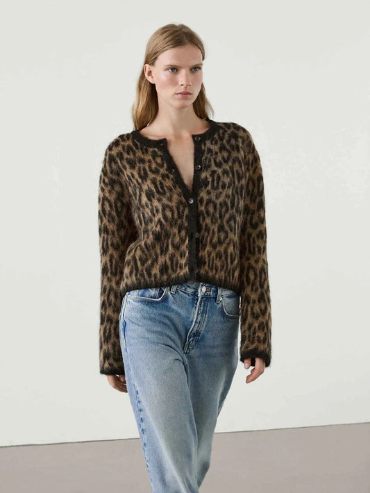 Ethereal Brown Leopard Print Round Neck Cardigan