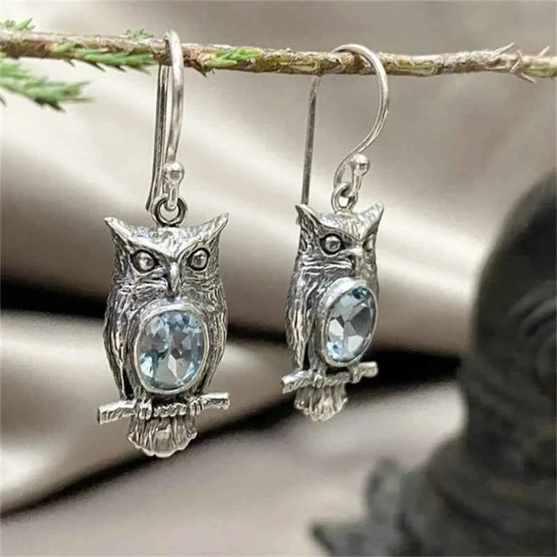 Inlaid Sea Blue Stone Vintage Owl Earring