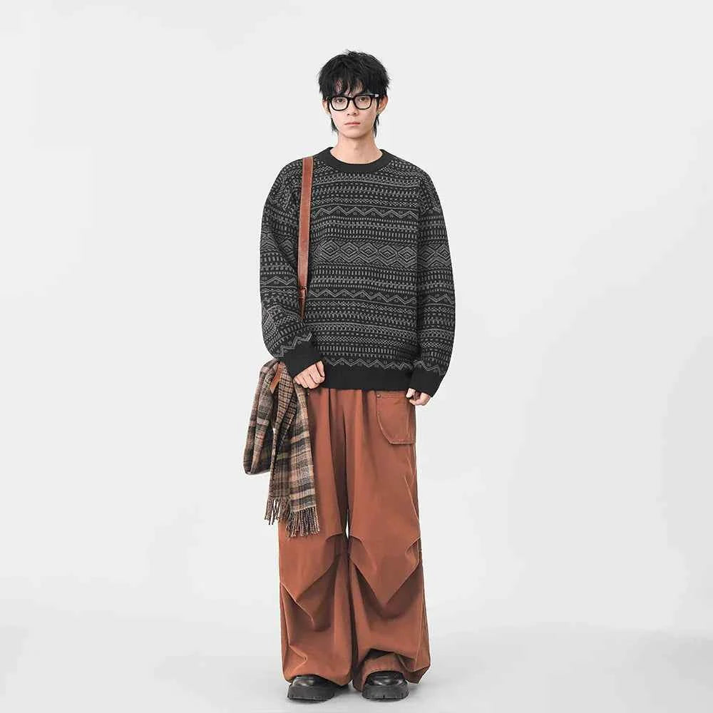 Y2K Plush Ethnic Knit Crew Neck Sweater