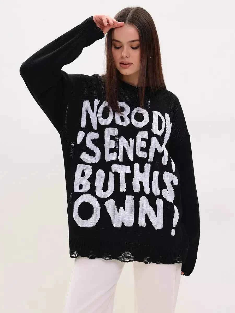 Women Retro Oversized Letter Printed Sweater