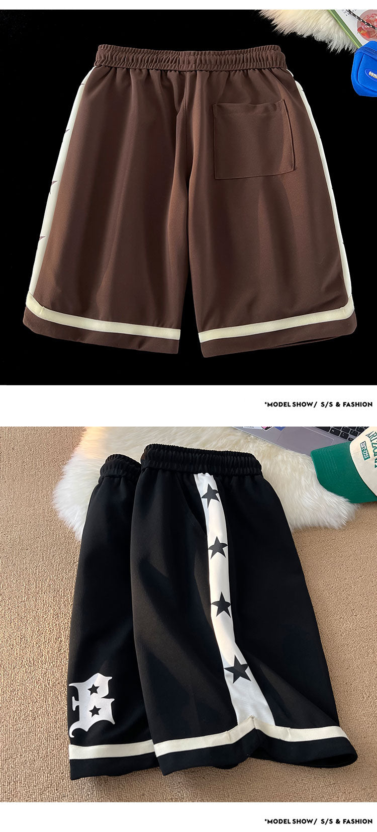 B Letter Drawstring Stars Patchwork Shorts