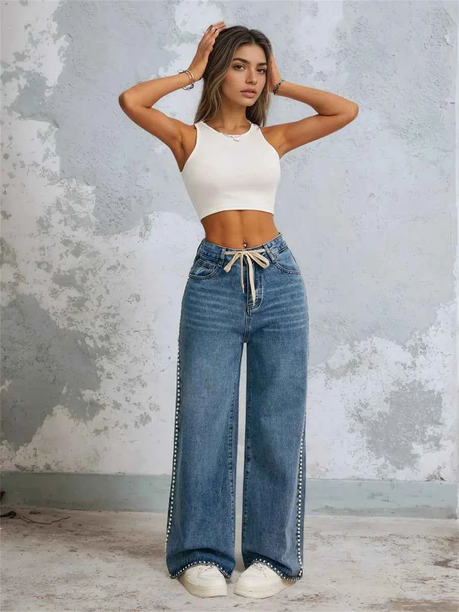 Graphic Fleece Beaded Wide Leg Denim Jeans