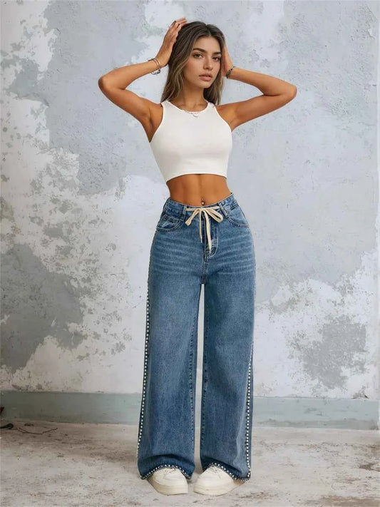 Graphic Fleece Beaded Wide Leg Denim Jeans