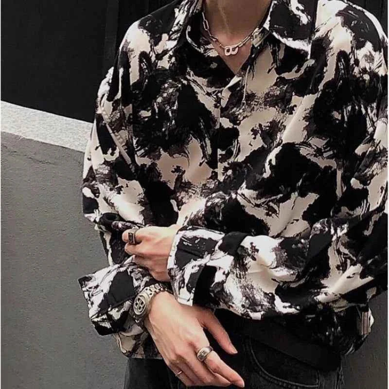 Casual Dark Korean Style Ink Painting Long Shirt