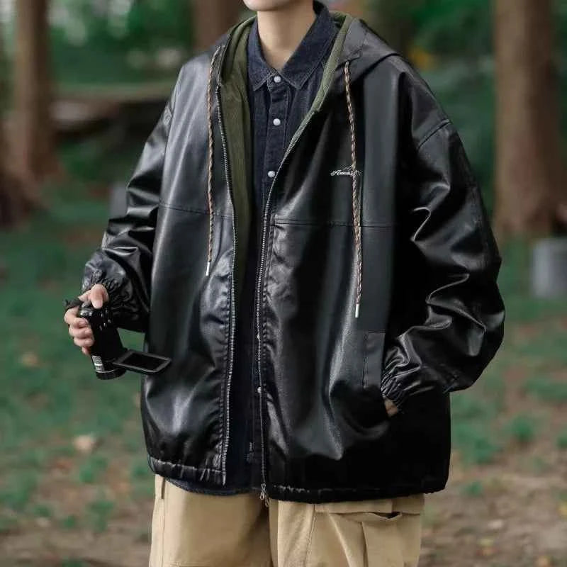 Streetwear Trendy Drawstring Leather Hooded Jacket