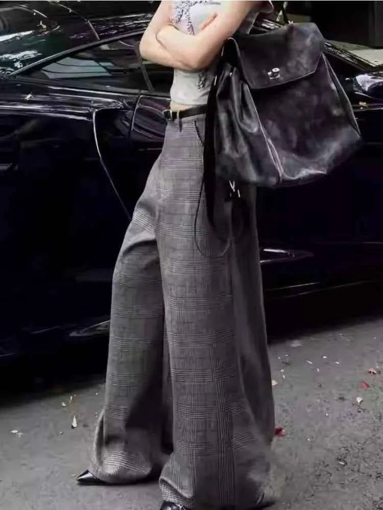 Minimal Look Gray Checkered Wide Leg Pants