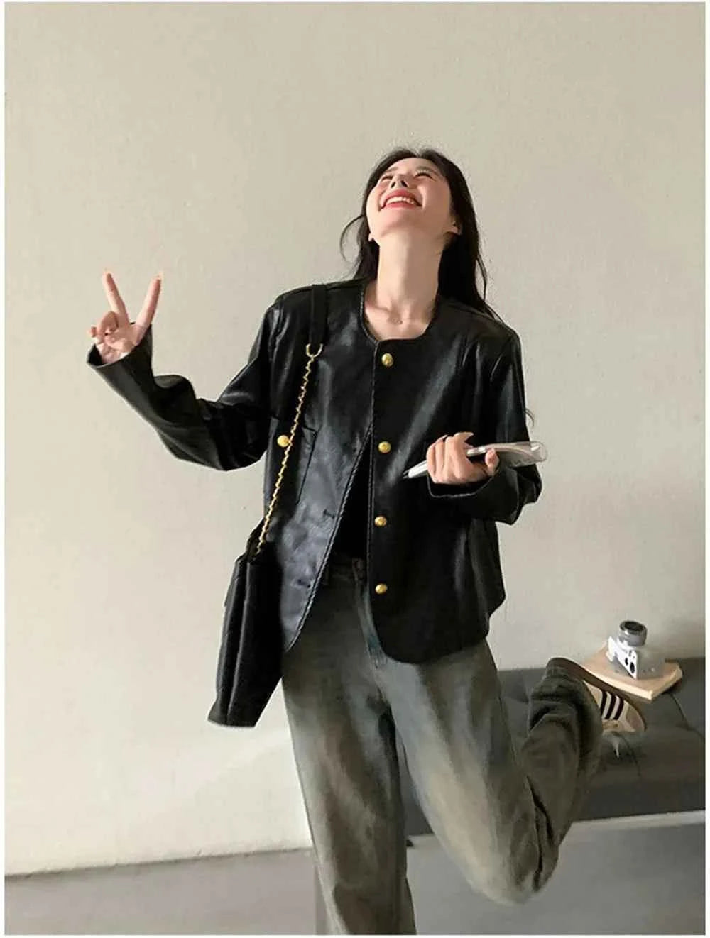 Women Retro Short Spring Leather Jacket
