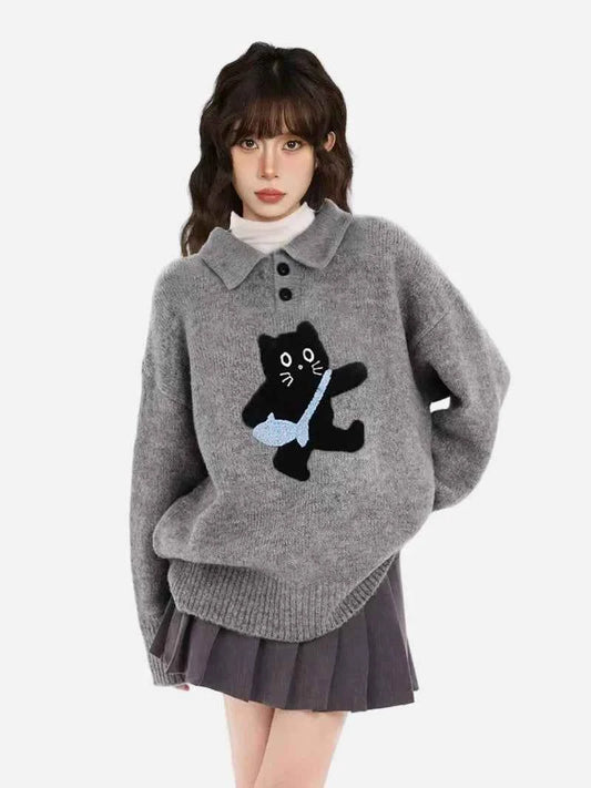 Winter Y2K Cozy Gray Cat Knit Sweater