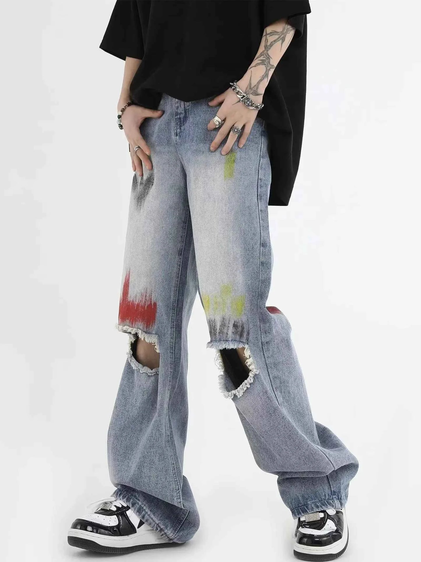 Trendy Blue Washed Ripped Straight Leg Jeans