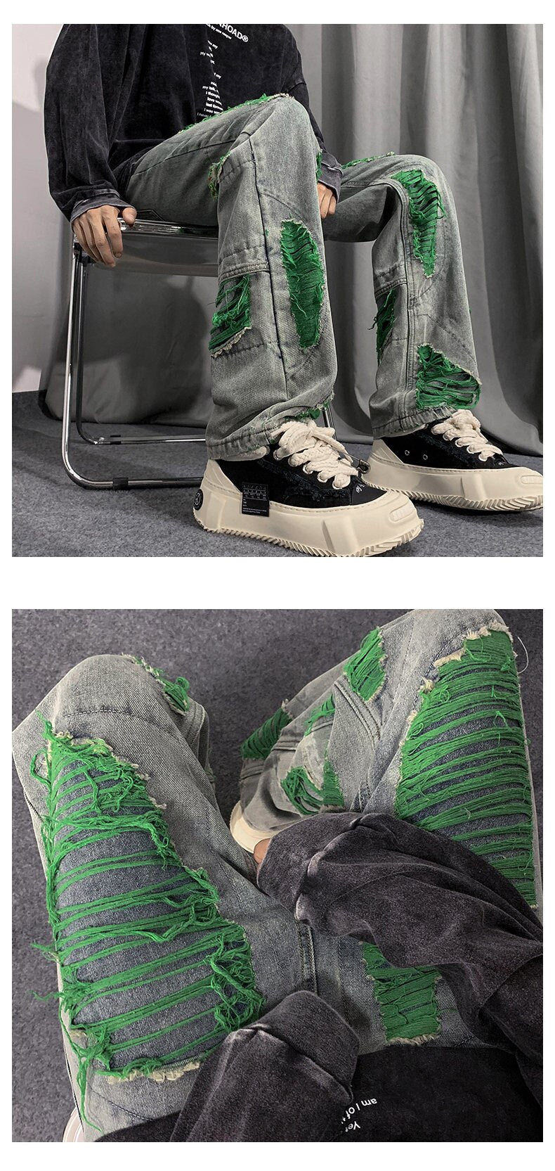 Denim Streetwear Ripped Patches Pants