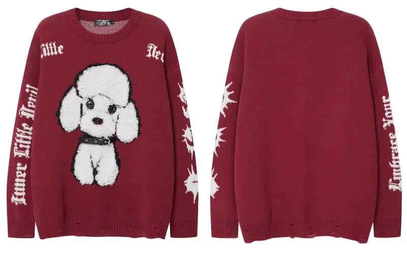 Cute Dog Embroidered O-Neck Collar Knitted Sweater