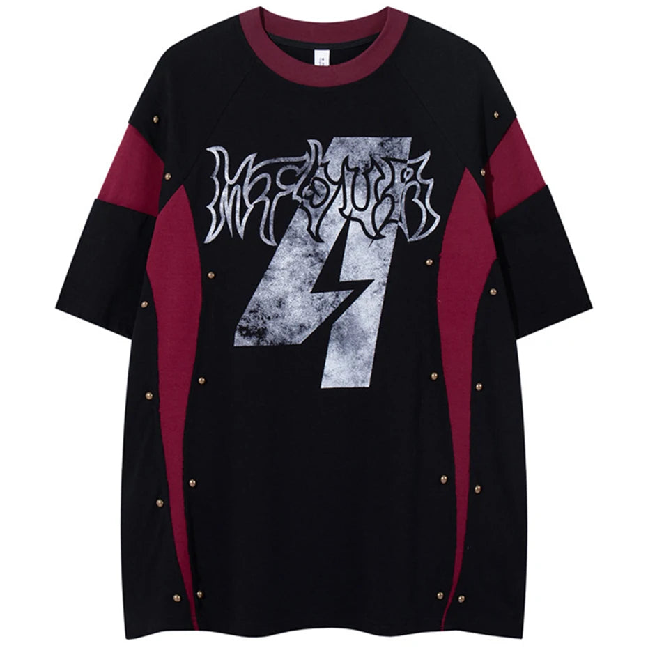 Rivet Patchwork Streetwear Oversized T-Shirts