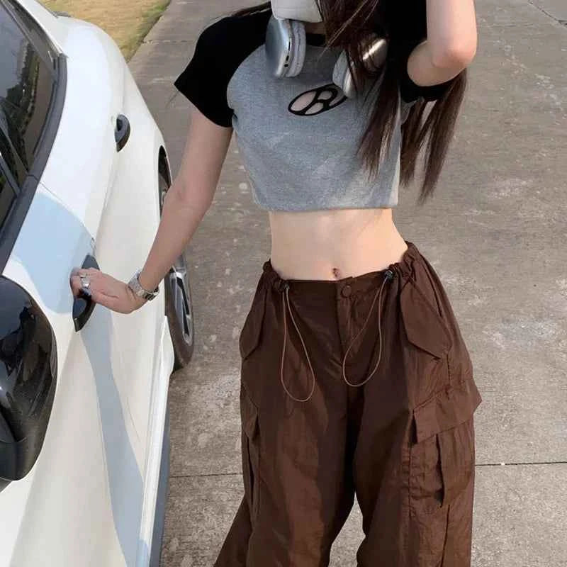 Women Cool Brown Vintage Drawstring Cargo Pants