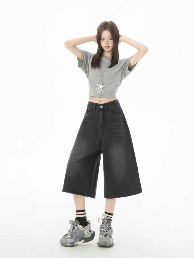 Women Casual Chic Black Wide Leg Denim Jorts