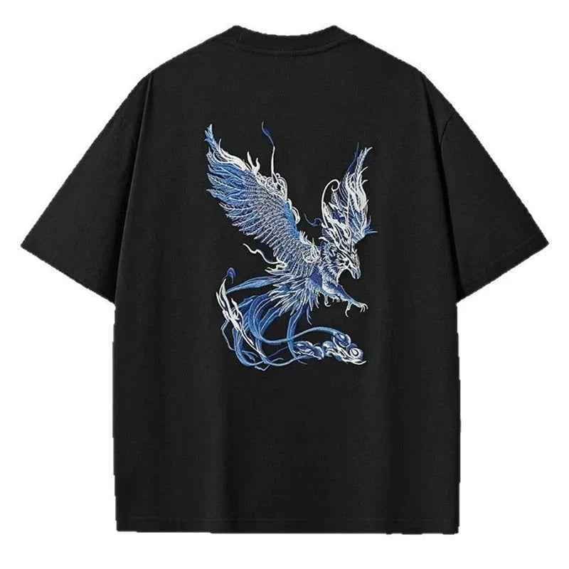 Summer Phoenix Embroidery Casual O-Neck Cotton T-Shirt
