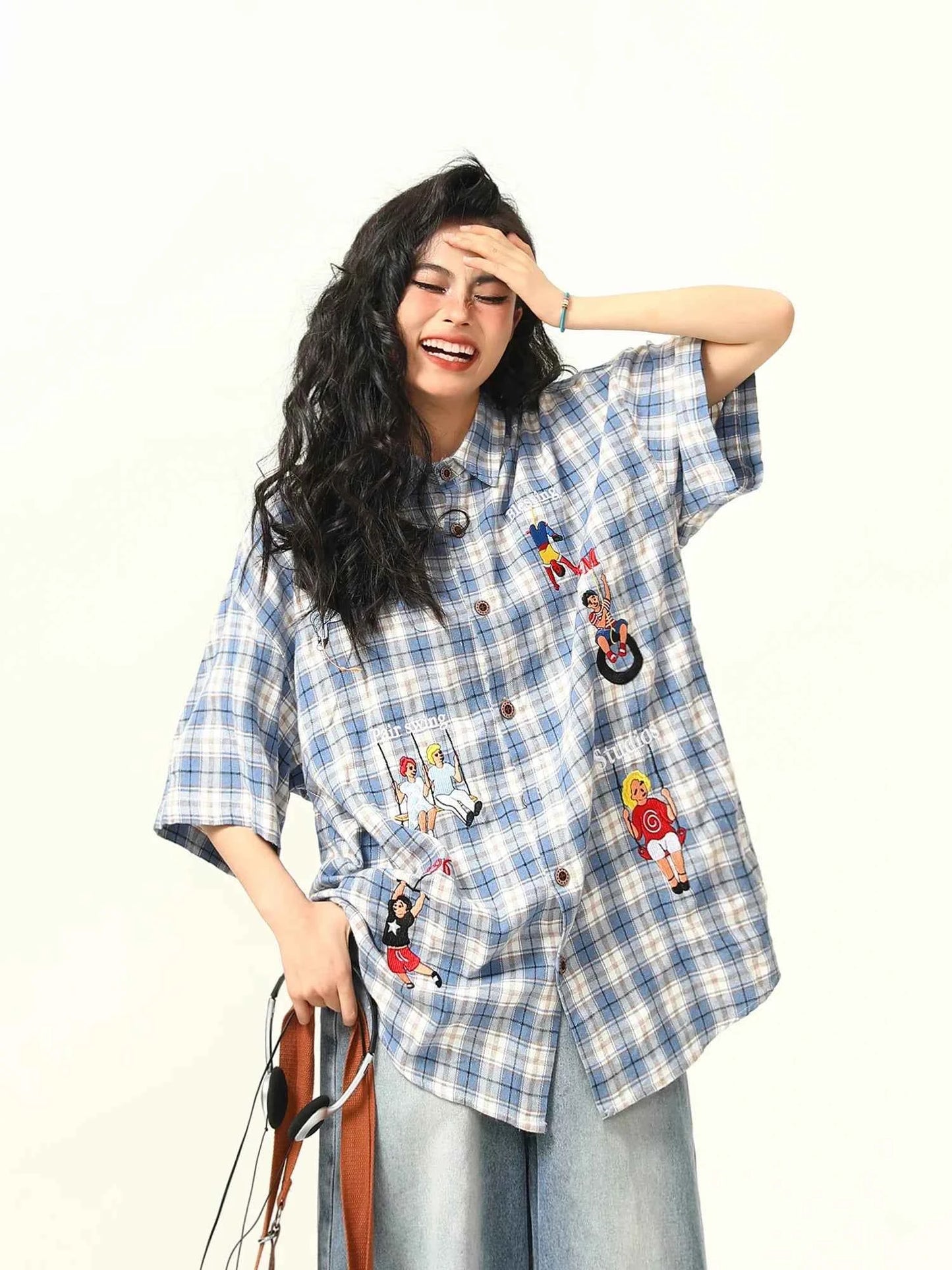 Blue Plaid Cartoon Character Embroidered Shirt