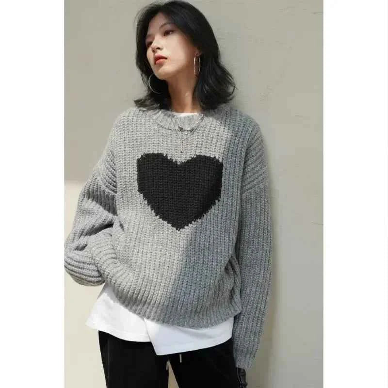 Heart Print Gray Knitted Oversize Sweater