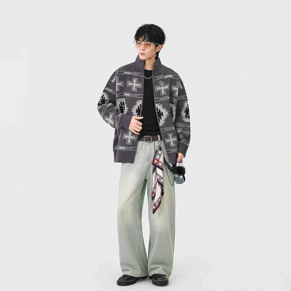 Geometric Pattern Casual Full Zip Cardigan