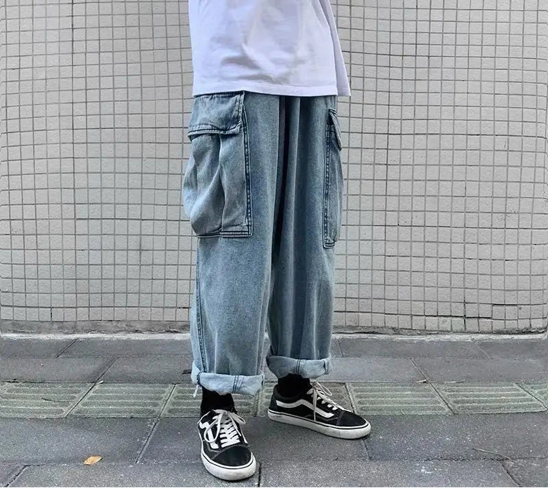 Handsome Retro Wide Leg Denim Cargo Jeans - Luxuryurbanwear