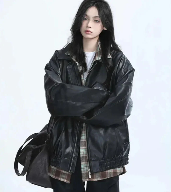 Women Vintage Zipper Faux Leather Jacket - Luxuryurbanwear