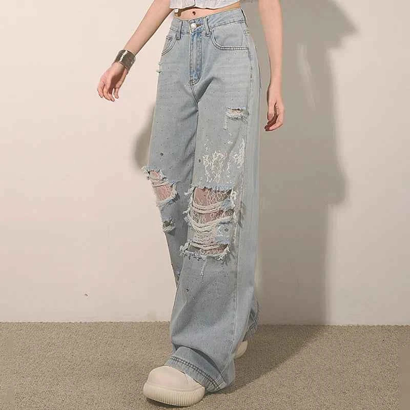 Women New Trendy Lace Hole High Jeans