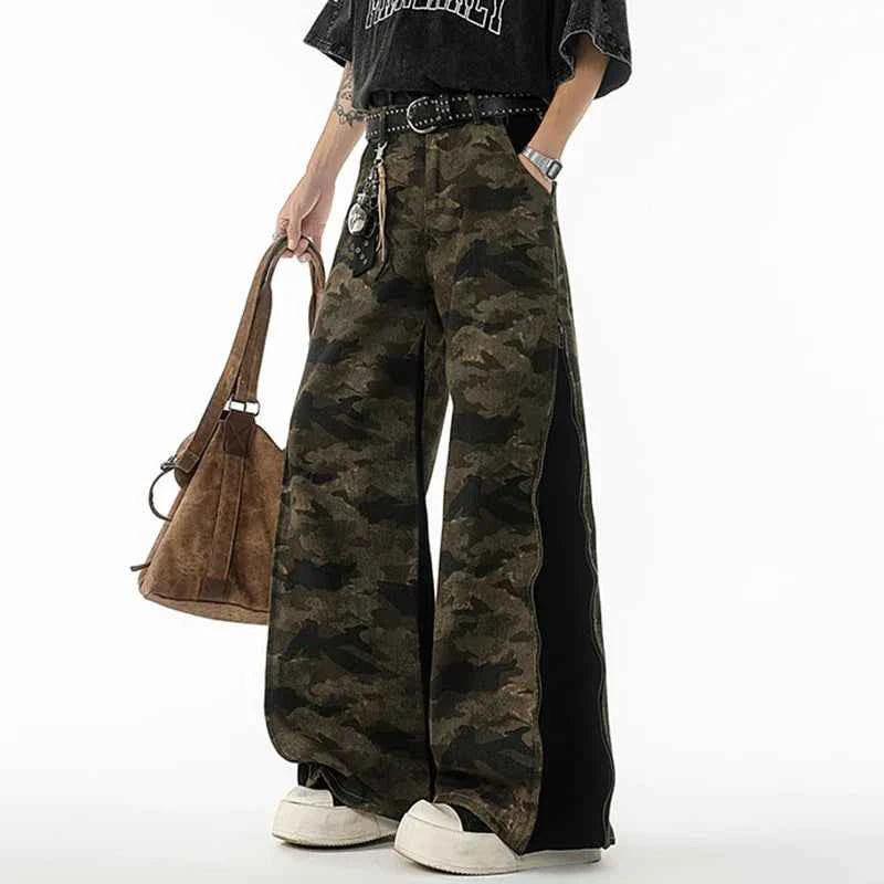 American Style Zipper Split Camouflage Wide-Leg Jeans