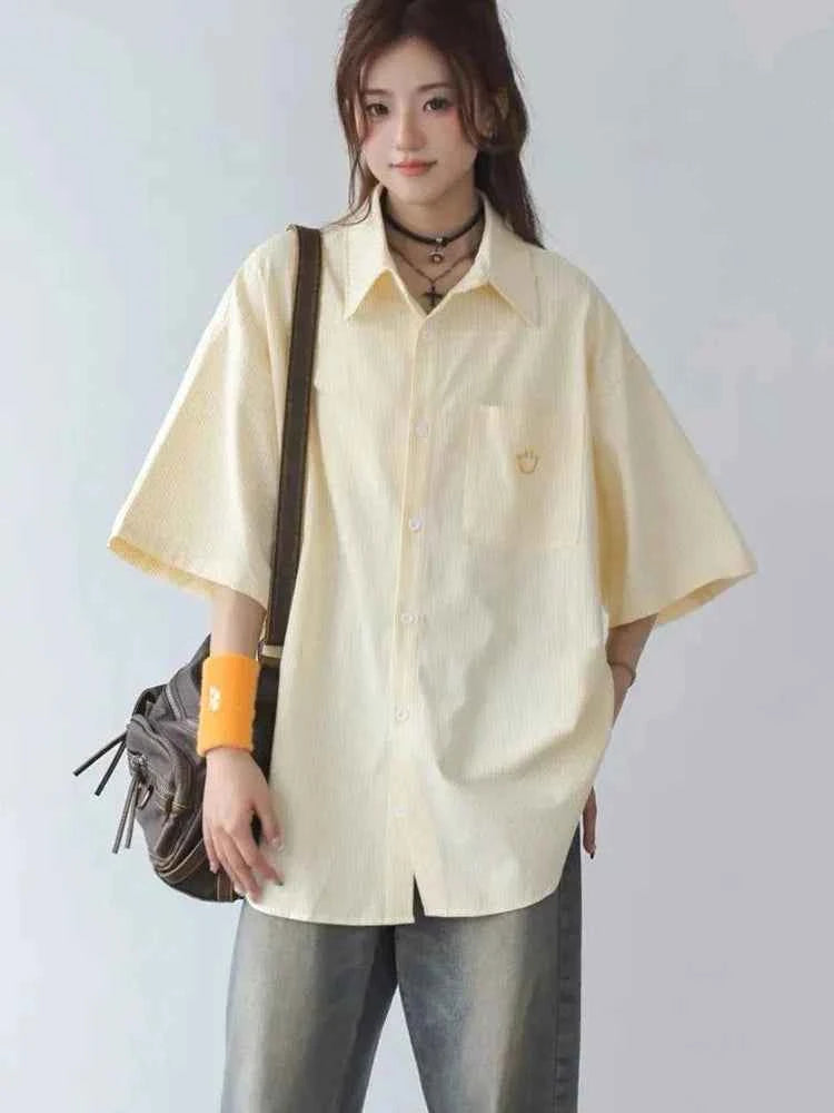 Women Streetwear Vintage Cute Yellow Striped Loose Shirt