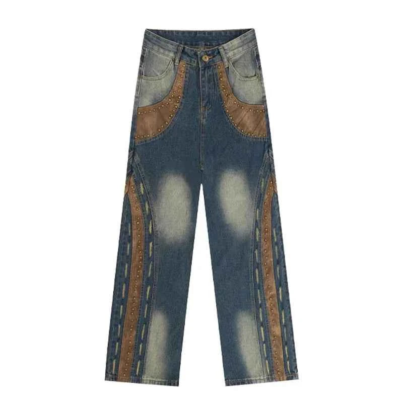 Retro Patchwork Leather Studded Distressed Jeans