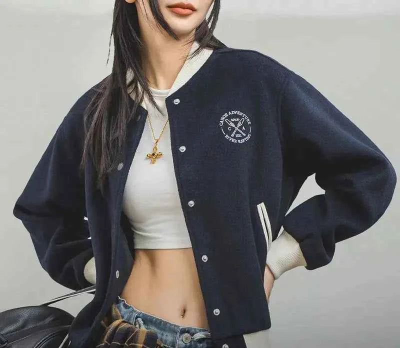 Women Color Blocking Embroidered Baseball Jacket